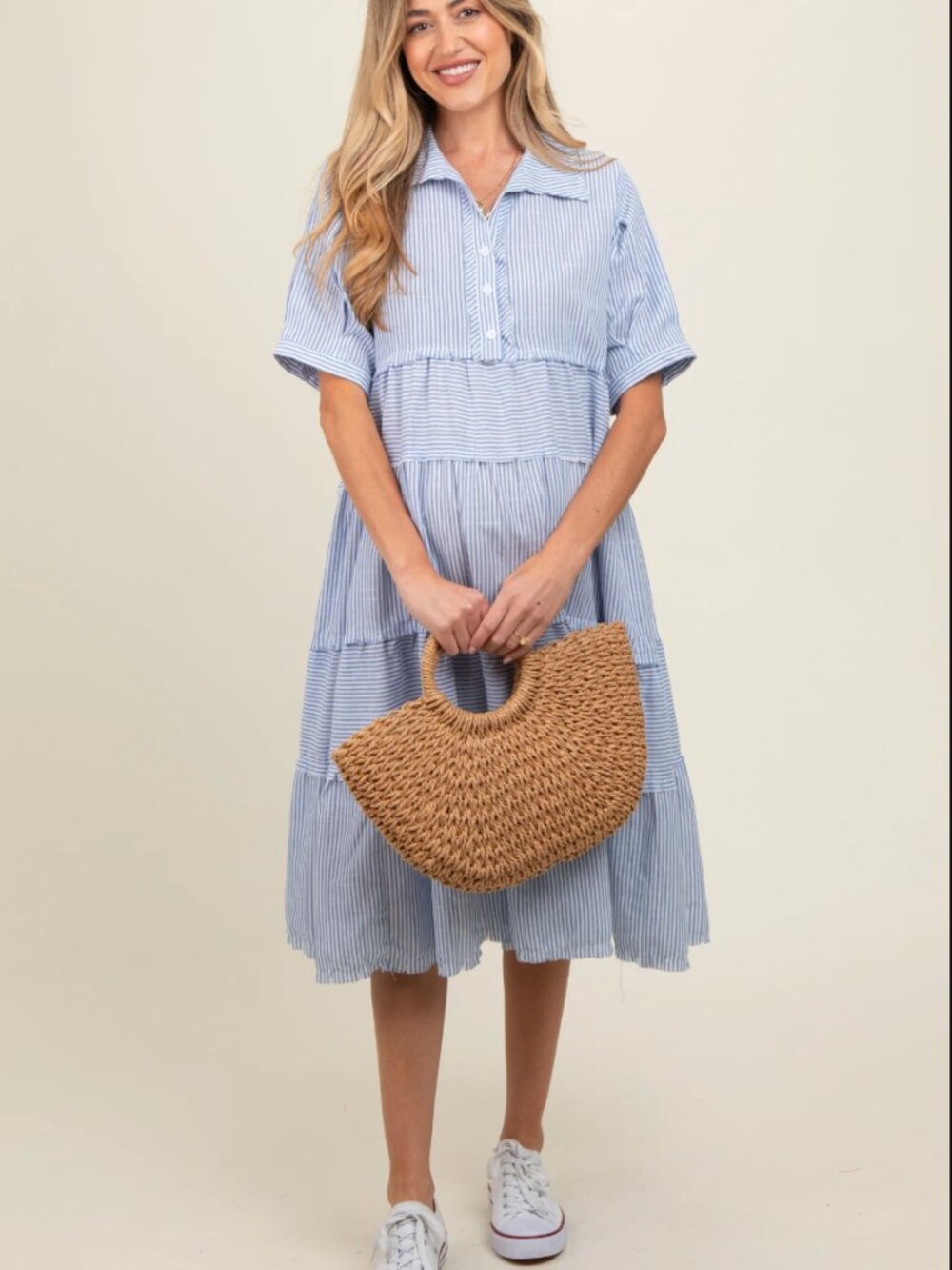 Blue Striped Tiered Raw Hem Maternity Midi Dress